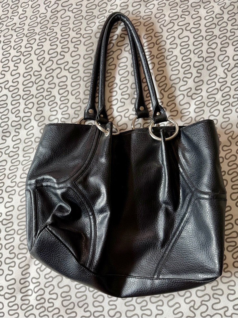 Black Faux-Leather Tote Bag with Silver Ring Detail